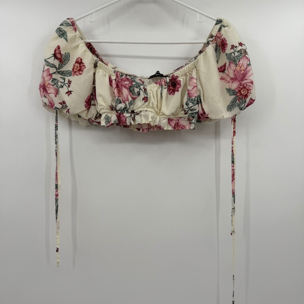 Vici Crop Top Women Small Ivory Red Cottage Floral Peasant Country Prairie Boho